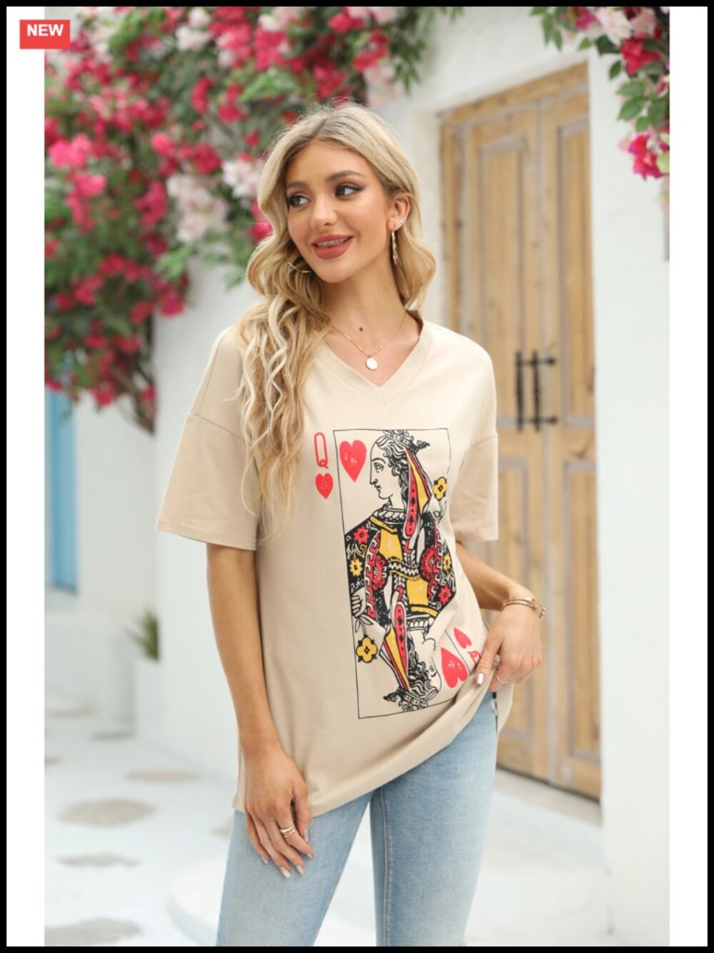 Oversized Queen of Hearts Graphic T-Shirt V-Neck Half Sleeve Loose Casual - Picture 5 of 5